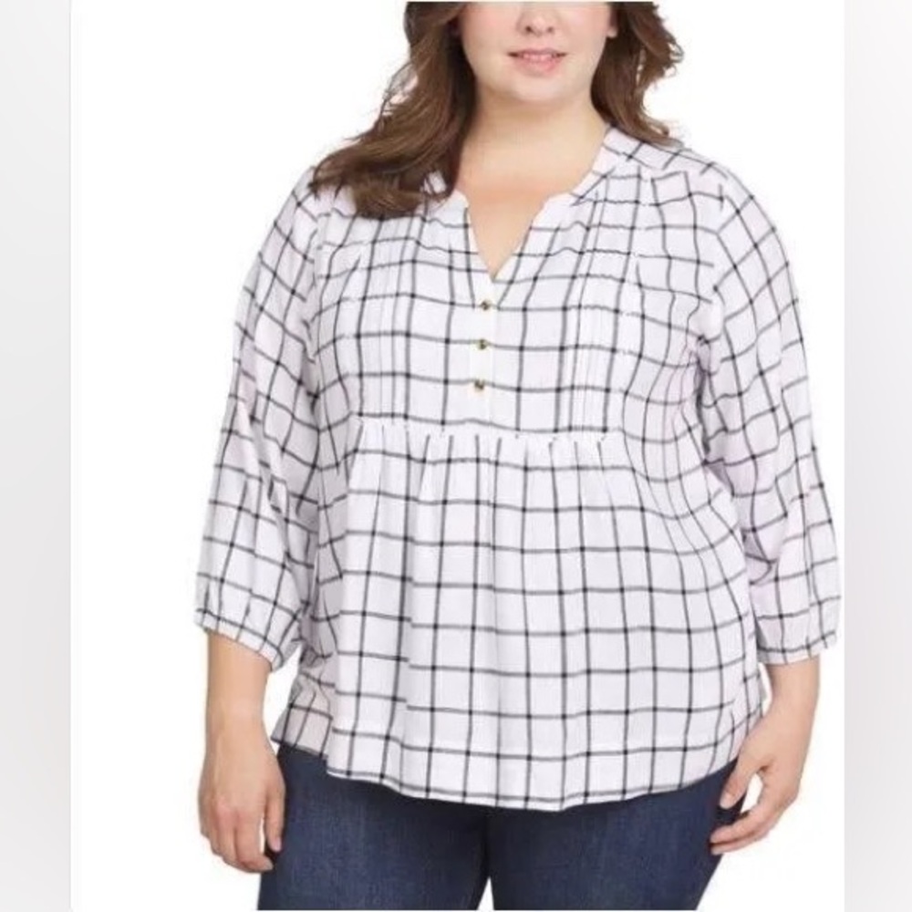 Wrangler Ladies' Bracelet Cuffs 3/4 Sleeve Plaid Blouse White,‎ XXL